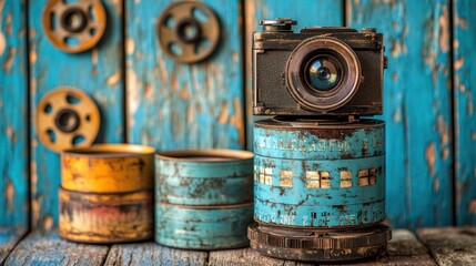 Poster - A vintage camera placed on colorful, weathered cans against a rustic wooden backdrop.