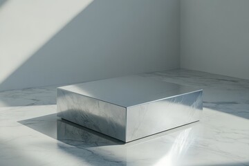 Aufkleber - A reflective, minimalist box on a marble surface with soft light and shadows.