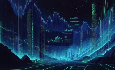 Leinwandbilder - A futuristic cityscape with glowing data visualizations and financial graphs.