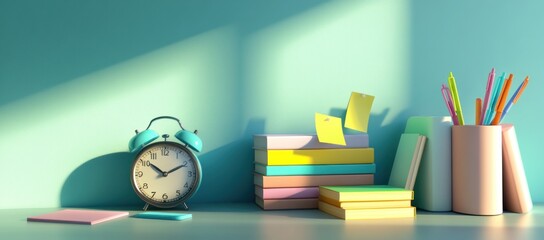 Poster - A serene workspace featuring a clock, books, and colorful stationery.