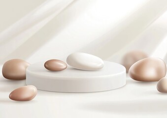 Aufkleber - A minimalist display of smooth, oval stones on a white pedestal against a soft background.