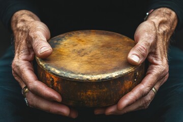 Poster - A pair of hands gently holds a circular, rustic percussion instrument.