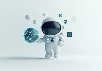 Poster - A cute astronaut character holding a glowing globe amidst digital icons.