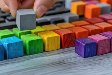 Aufkleber - A hand places a colorful wooden block among a vibrant arrangement of similar blocks.