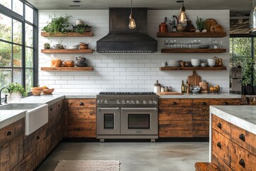 Rustic kitchen with reclaimed wood cabinets, concrete countertops, farmhouse sink, and open shelving.