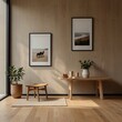 © Mikke - a room with a wooden floor and a vase with a plant on it and pictures