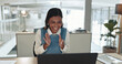 © peopleimages.com - Celebration, woman and applause for success, laptop and excited with funding, alert and surprised. Notification, shocked and person with office, winner and entrepreneur with investment for business