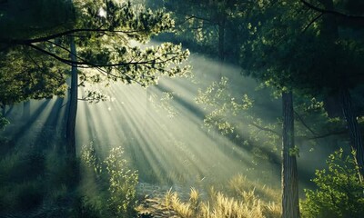 Wall Mural - sunlight filters through trees in a serene forest scene.