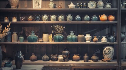 Wall Mural - Decorative pottery on wooden shelves