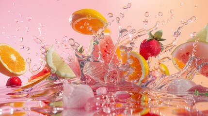 Wall Mural - Splash of colorful fruits in water on pink background