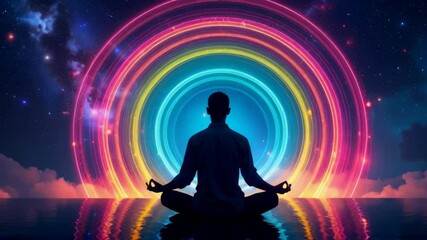 Wall Mural - Meditation practice by the water under a colorful cosmic light at twilight