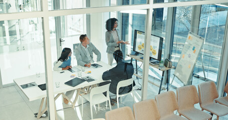 Poster - Above, presentation and business people in meeting, charts or financial report in modern office. Corporate professional, accounting or employees in workplace, review for revenue or feedback for goals