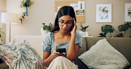 Aufkleber - House, stress and woman with smartphone, headache and mistake with communication. Person, apartment and girl on couch, mobile user and cellphone with migraine, online reading and error message