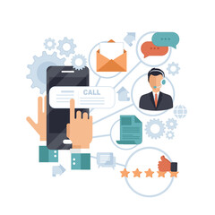 Wall Mural - Business customer care service concept. Icons set of contact us, support, help, phone call and website click. Man sitting on the floor and holding lap top with telephone by his side. Flat vector