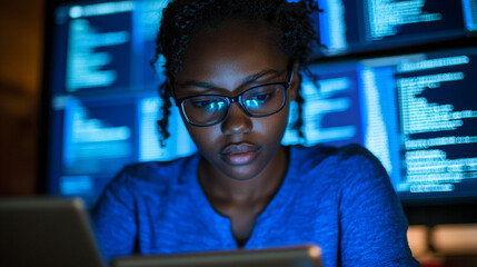 Focused Programmer Woman Coding Late Night on Tablet