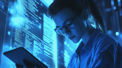 Focused Programmer Woman Coding on Tablet  Digital Technology  Software Development  Blue