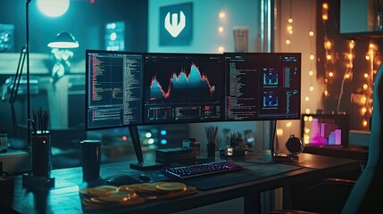 Night view of a programmer's workspace with dual monitors displaying code and stock market data.