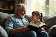 © Dipsky - A grandfather and his granddaughter share a warm moment on a couch, laughing and enjoying a story together. The sunlight filters through the window, creating a cozy atmosphere.