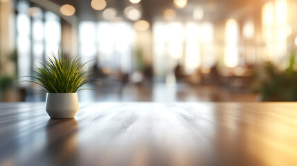 Aufkleber - Modern office with blurred background and small green plant on empty wooden tabletop, ideal for product placement