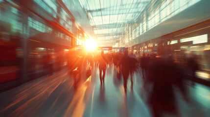 Fototapete - Busy professionals hurry through the modern office building corridor at sunset, exuding urgency and energy