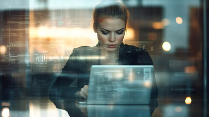 Aufkleber - Businesswoman using laptop with holographic augmented reality data interface in futuristic office