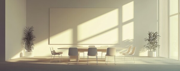 Wall Mural - A simple 3D model of a minimalist business conference room featuring modern chairs and a large central table