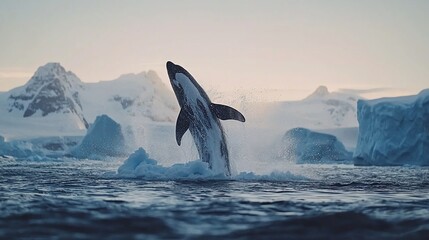 Wall Mural - whale breaching in icy antarctic waters at sunset.