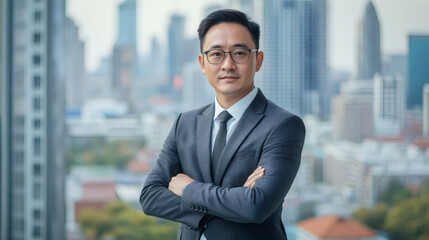 Canvas Print - Confident and professional businessman posing with arms crossed in front of a modern city backdrop