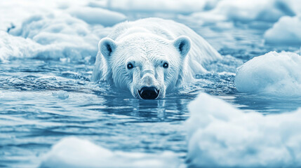 Wall Mural - arctic wildlife and climate change: polar bear swimming in icy water among ice floes