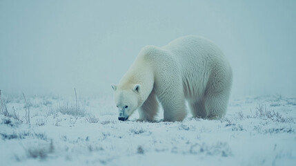 Wall Mural - polar bear walking and sniffing the air on a snowy tundra, searching for food in a foggy winter land