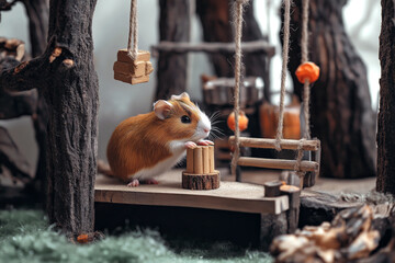 Poster - A happy guinea pig playing with a small wooden toy in a cage setup.