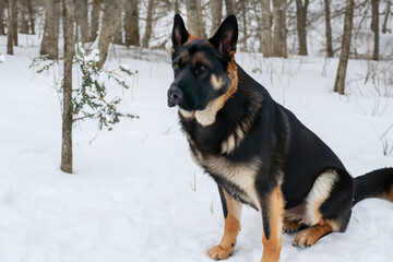 Wall Mural - German shepherd dog sitting in the snow. A dog on a road in winter with snow. A dog lying in the snow. Dog lying on a road in lifestyle winter with snow.