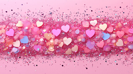 Wall Mural - Vibrant Pink Heart and Glitter Pattern on Pastel Background for Valentine's Day.Festive shining background for Valentine's day, Birthday or Wedding