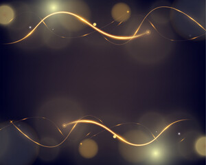 Poster - Golden glowing wave lines on dark background with sparkling light effects, elegant abstract design for technology, luxury, or festive themes.	