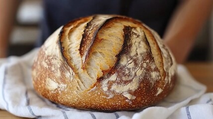 Wall Mural - Crusty sourdough bread loaf on striped cloth.