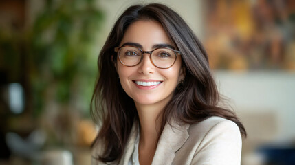 Canvas Print - Confident and professional businesswoman in stylish eyeglasses, radiating positivity and cheer in a modern office setting