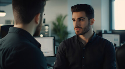 Canvas Print - Two businessmen engaged in a project discussion while collaborating on their computers in a bright, modern office space