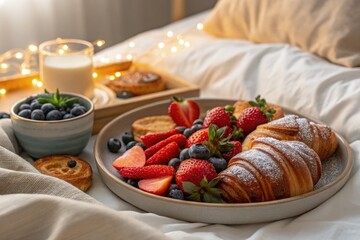 Wall Mural - Indulgent Breakfast in Bed With Fresh Fruits and Pastries on a Cozy Morning. Generative AI