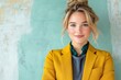 © Natalia - Model showcases fashion style in muted yellow jacket and soft gray-blue trousers against vintage backdrop in a bright indoor setting