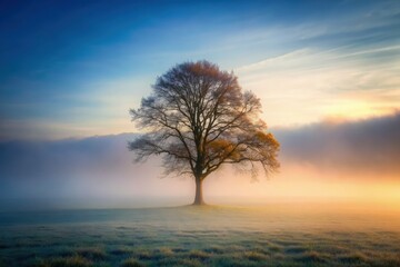 Wall Mural - Majestic Tree in Dense Fog During Early Morning Sunlight. Generative AI