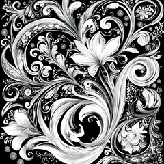 Canvas Print - Black and white floral swirls, intricate design.