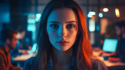 Fototapete - Businesswoman at the forefront of innovation, leading in a dynamic, high-tech office in the startup industry