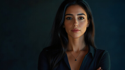 Wall Mural - Confident and professional young businesswoman posing with arms crossed in a studio portrait against a dark backdrop