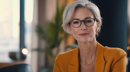 Wall Mural - Confident mature businesswoman in elegant suit and eyeglasses posing in a modern office setting for a portrait