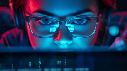 Leinwandbilder - Female programmer in glasses and headphones, working on source code at night under neon lights