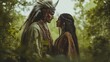 © rangga - Native American couple in traditional clothing gazing at each other in a forest.