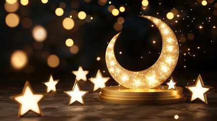 Wall Mural - golden crescent moon surrounded by sparkling stars creates magical atmosphere