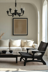 Wall Mural - Living room featuring a neutral sofa, black accent furniture, and natural light