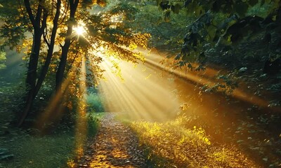 Wall Mural - sunlight streams through trees in a serene forest path.