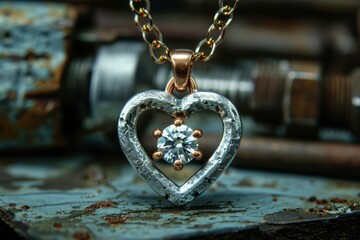 Wall Mural - Heart-shaped necklace with a sparkling stone displayed on industrial background